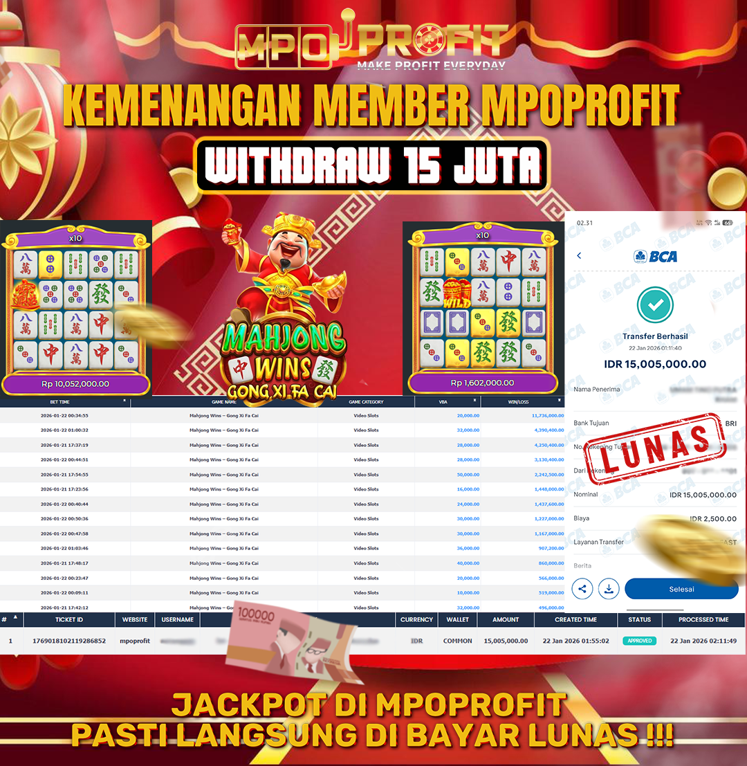 MPOPROFIT JACKPOT SLOT PRAGMATIC PLAY! KEMENANGAN MURNI DI (MAHJONG WINS GONG XI FA CAI TOTAL RP. 15.005.000,- LUNAS)